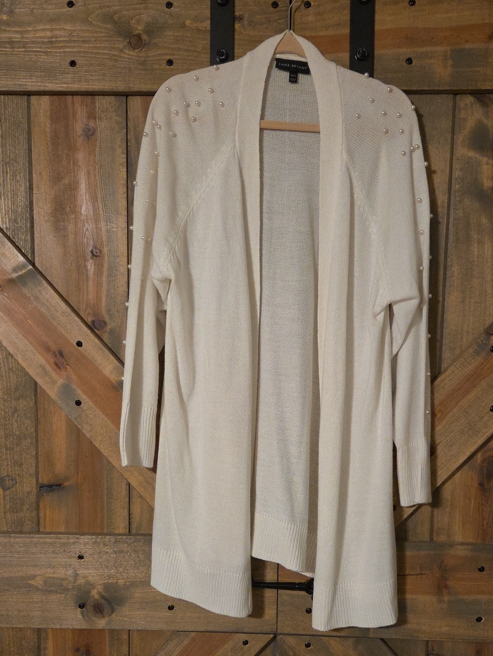 Lane Bryant Ivory Open-Front Cardigan with Pearl Detail